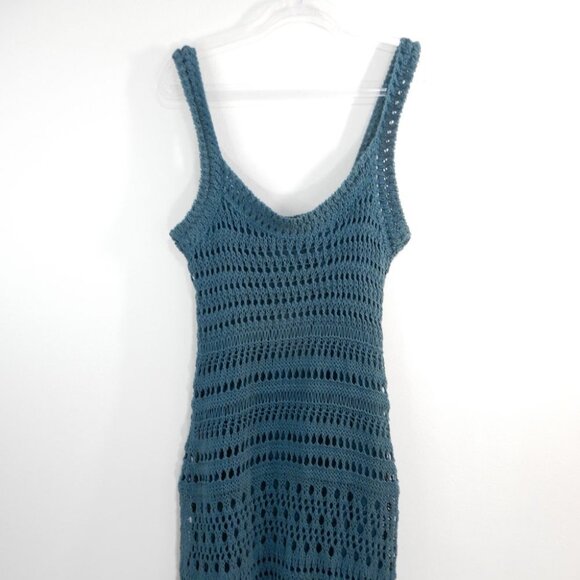 VINCE Lace Crochet Knit Midi DRESS Size L Teal Green Cotton Blend NEW $525 - Picture 9 of 9